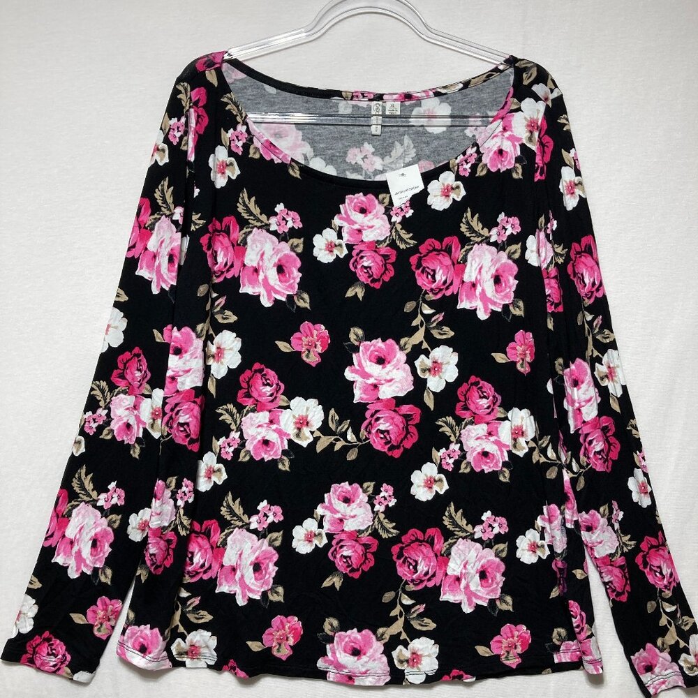 New Cato Top size XL Pink Black Floral Stretch Knit Long Sleeve Ultra Soft Comfy